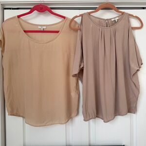 Joie Silk Blouse Bundle Tan Short‎ Sleeve & Mauve Cold Shoulder Tops XS